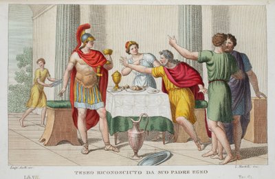 Teseo reconocido por su padre Egeo, Libro VII, ilustración de las Metamorfosis de Ovidio, Florencia, 1832 de Luigi Ademollo